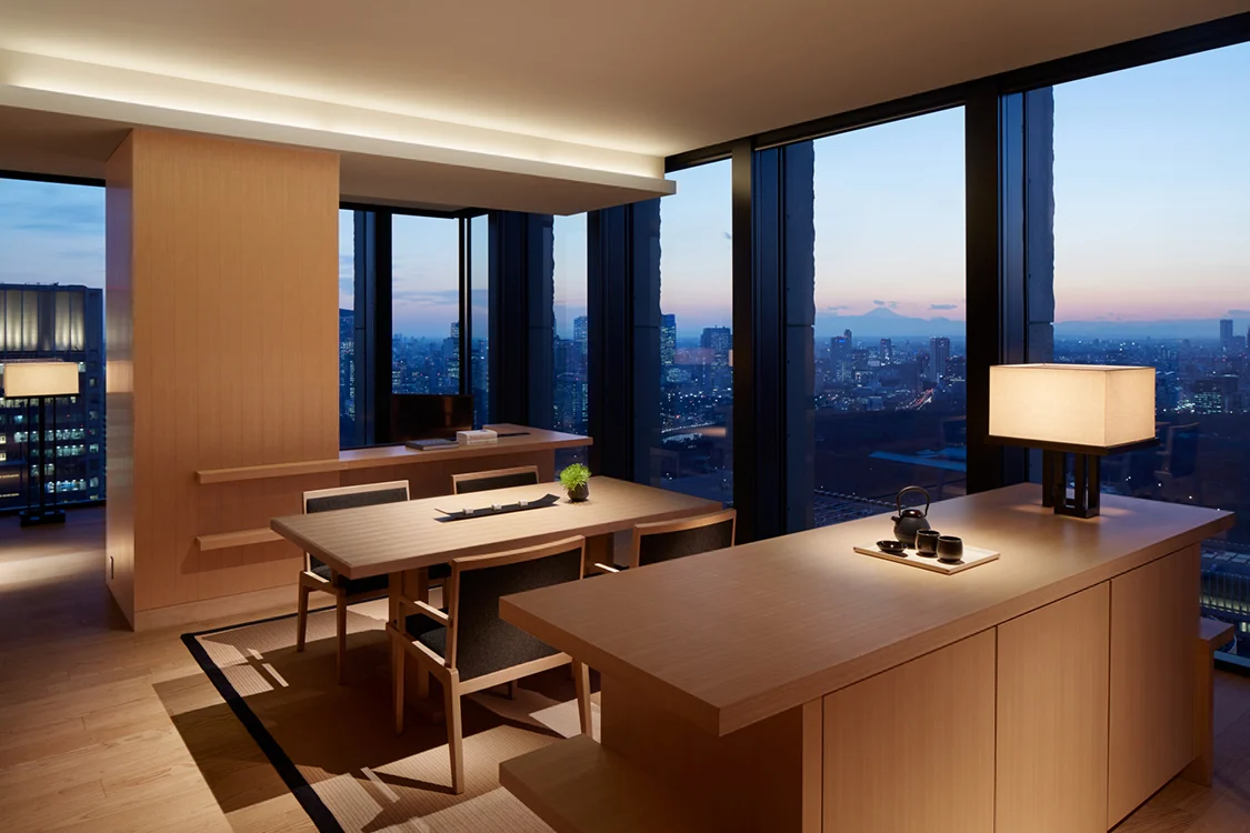 Lounge at Aman Tokyo at dusk