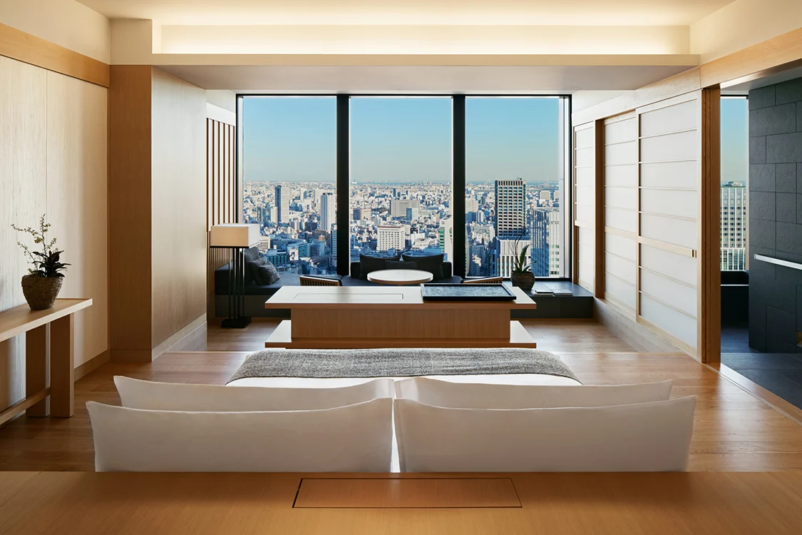 Suite living area at Aman Tokyo in a calm, minimalist Japanese style