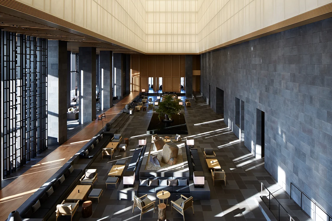 Wide view of the Aman Tokyo lobby and its open space