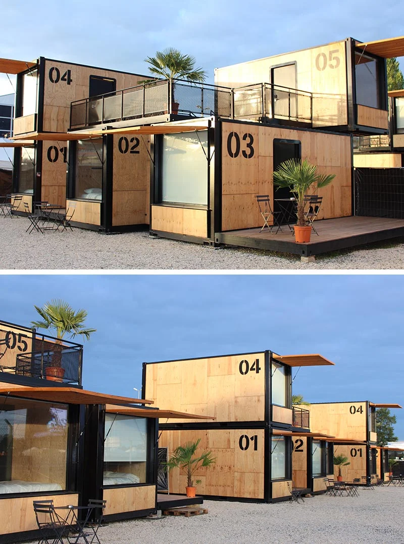 Wood slat shutters shading the windows of the container hotel rooms
