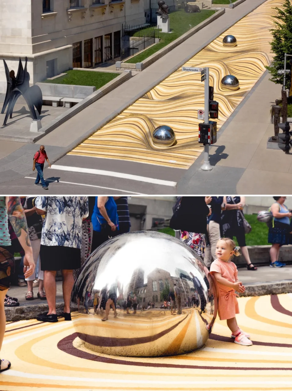 Visitors beside a reflective sphere on the painted street