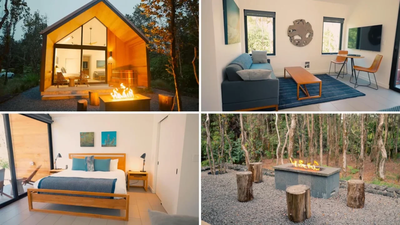 Kuono tiny house in Volcano, Hawaii, with 14-foot floor-to-ceiling windows and wood cladding