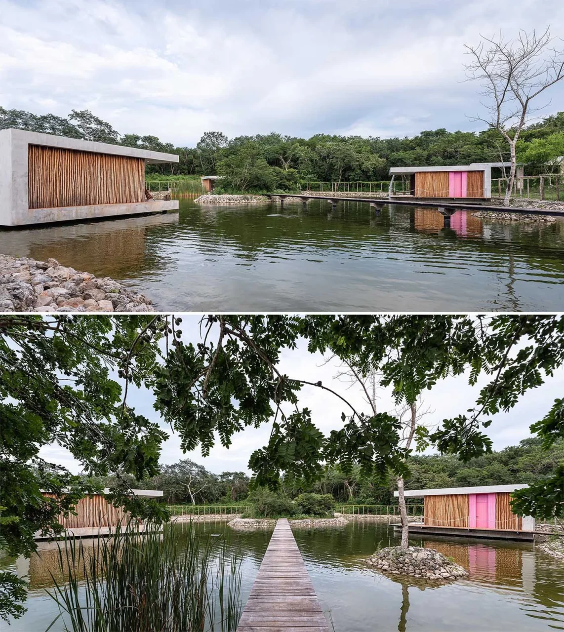 Polished grey concrete cabin with timber and earth-finished side walls