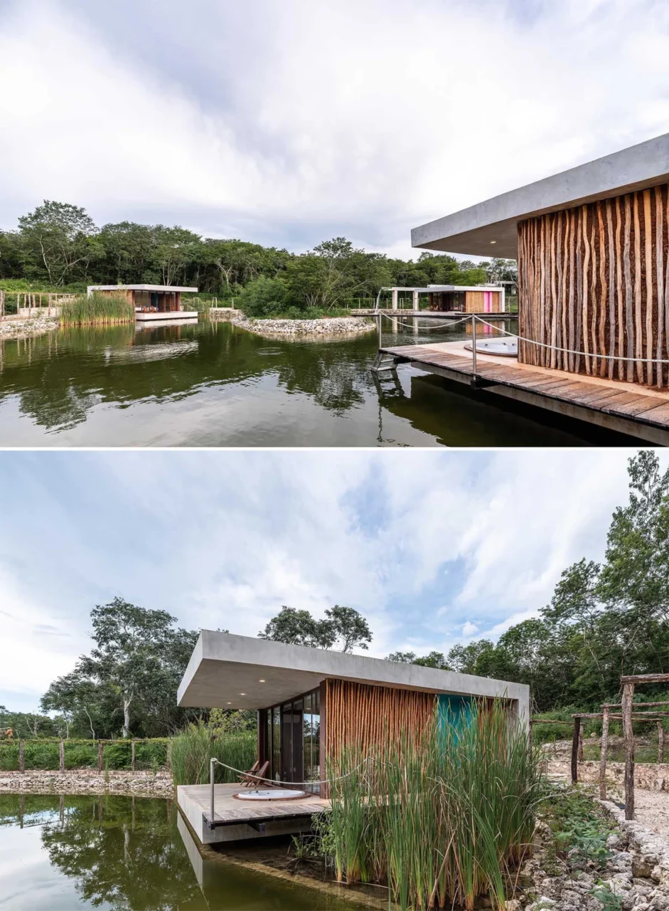 Hotel cabins clustered around the lake among local vegetation