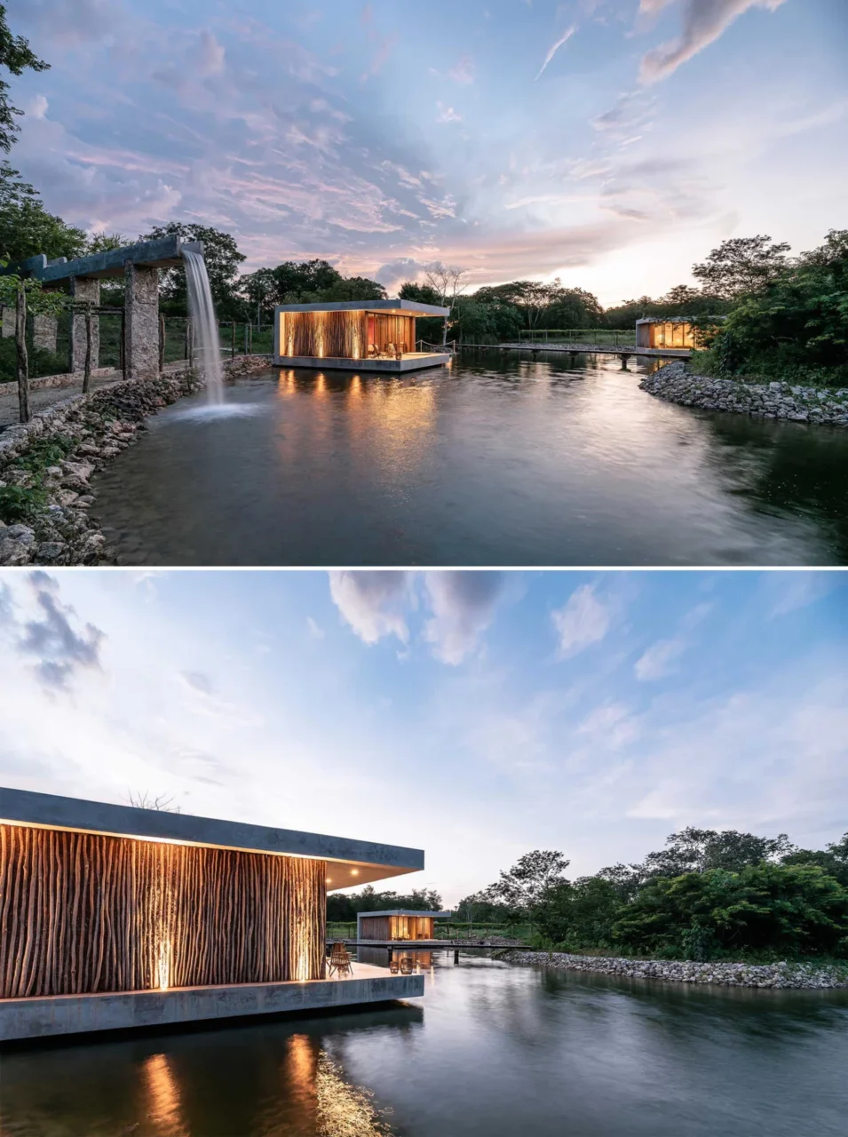 Cabins with uplit timber detailing at night