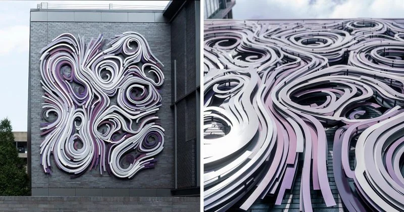 Pangaea, a large aluminium wall artwork by Rob Ley on the NCR Headquarters in downtown Atlanta