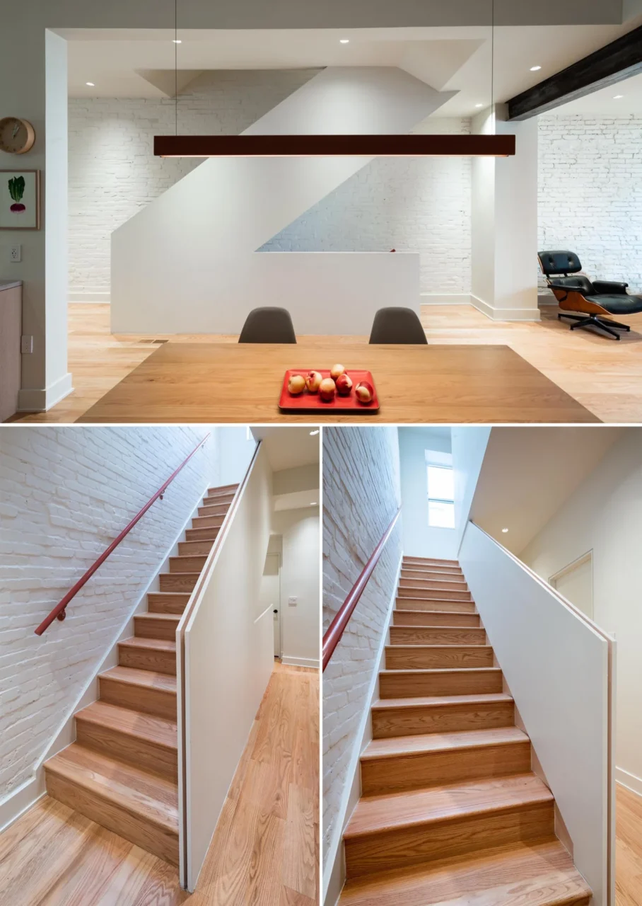 Staircase with a plain face, pink handrails against a white painted brick wall