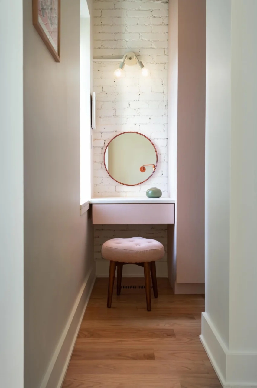 Custom dressing area with a concrete counter that continues into the windowsill