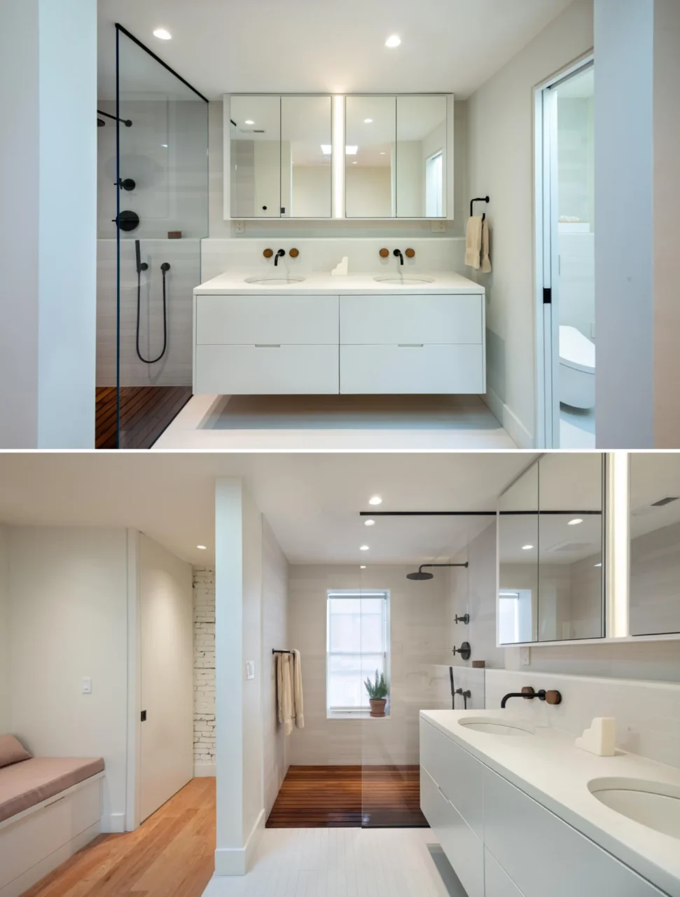 Bathroom with a floating white vanity, black accents and a walk-in shower with a wood floor