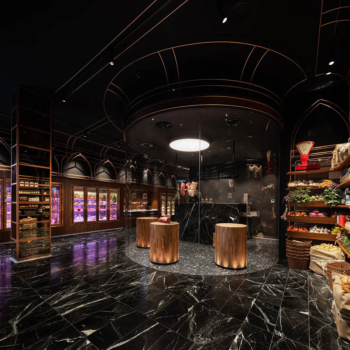 Detail of the dark, curved interior of the butcher shop