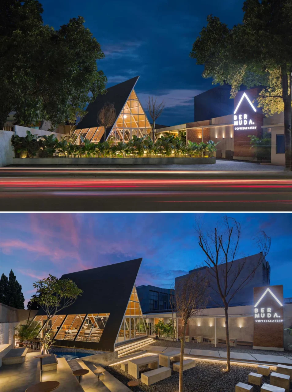Shingled A-frame roof and glazed end wall of the Jakarta coffee shop