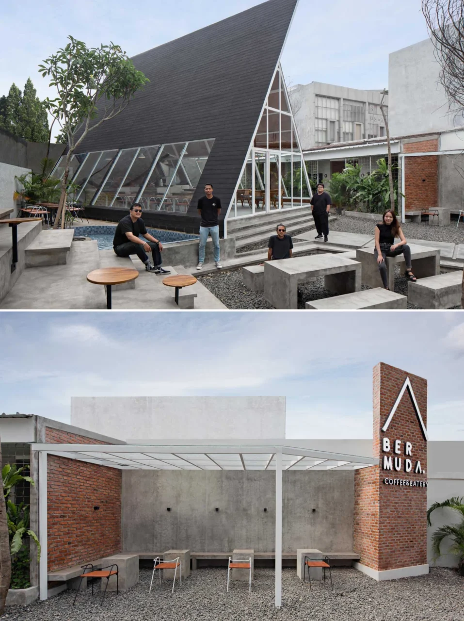 Light-filled cafe interior with a wood-lined ceiling and exposed A-frame structure