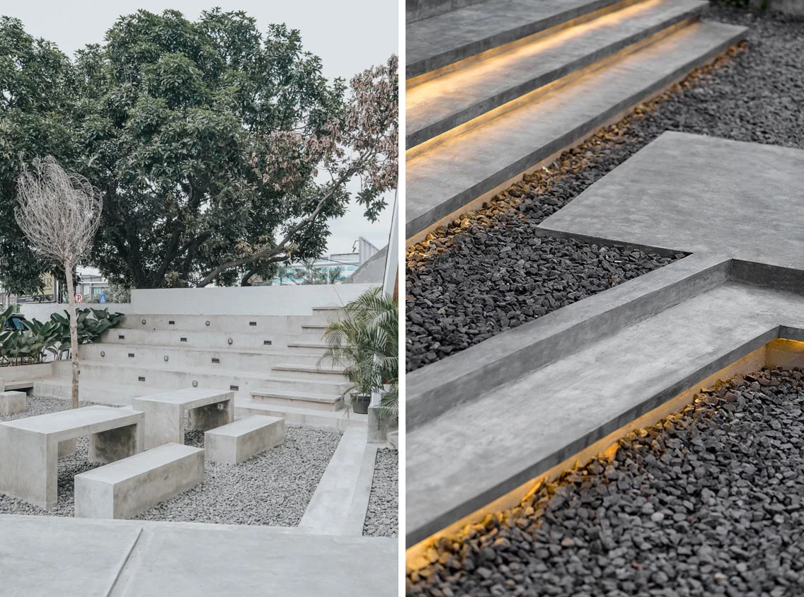 Custom concrete seating and steps outside the coffee shop with hidden lighting