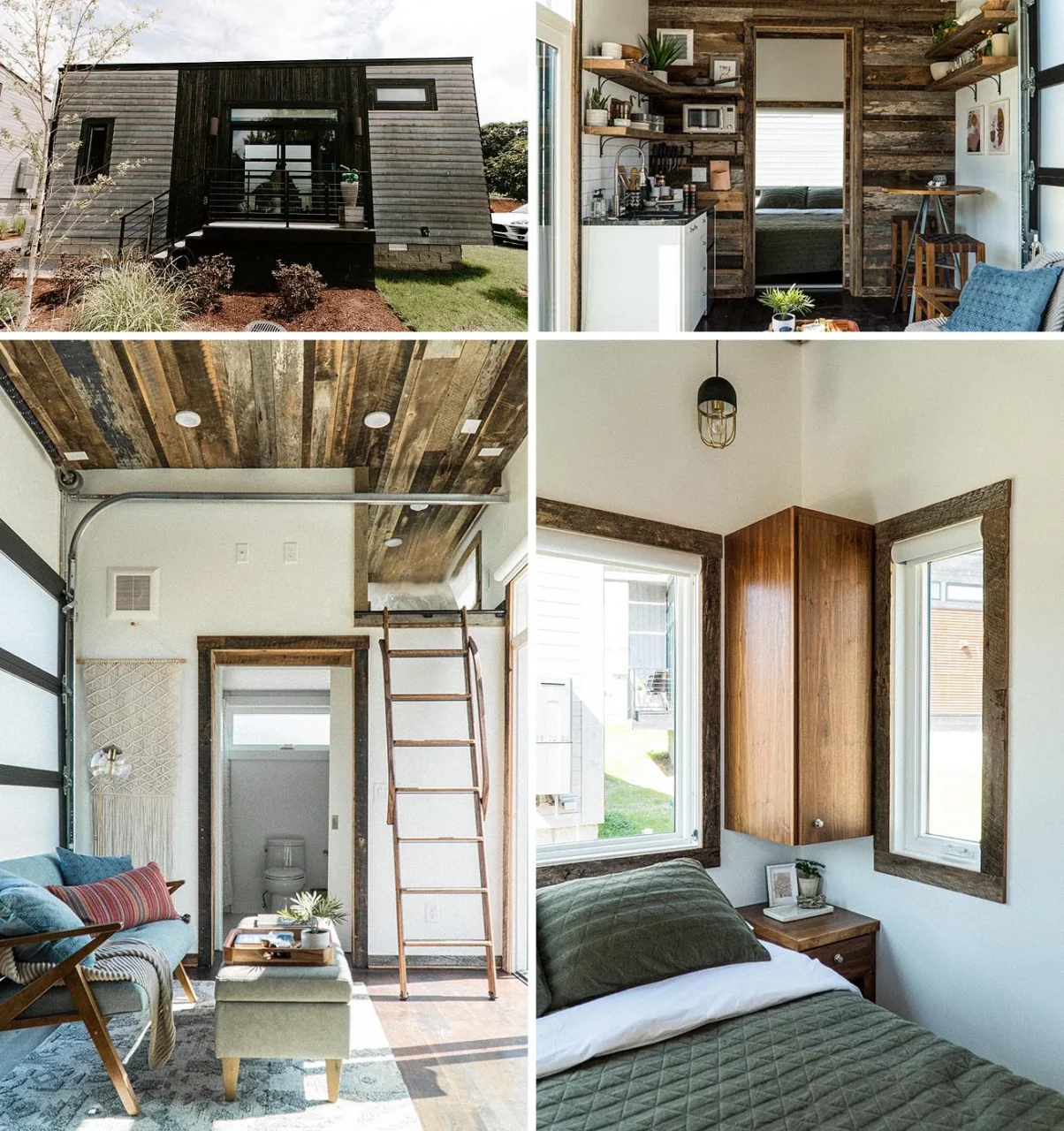 Suite I, a 250 sq ft tiny home with barn wood detailing, kitchenette, pub table and living space