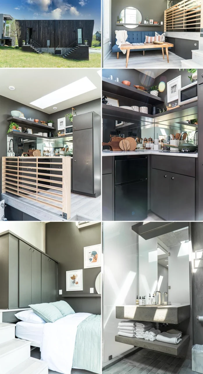 Suite K, a modern tiny home with large picture windows, custom cabinetry and a kitchenette
