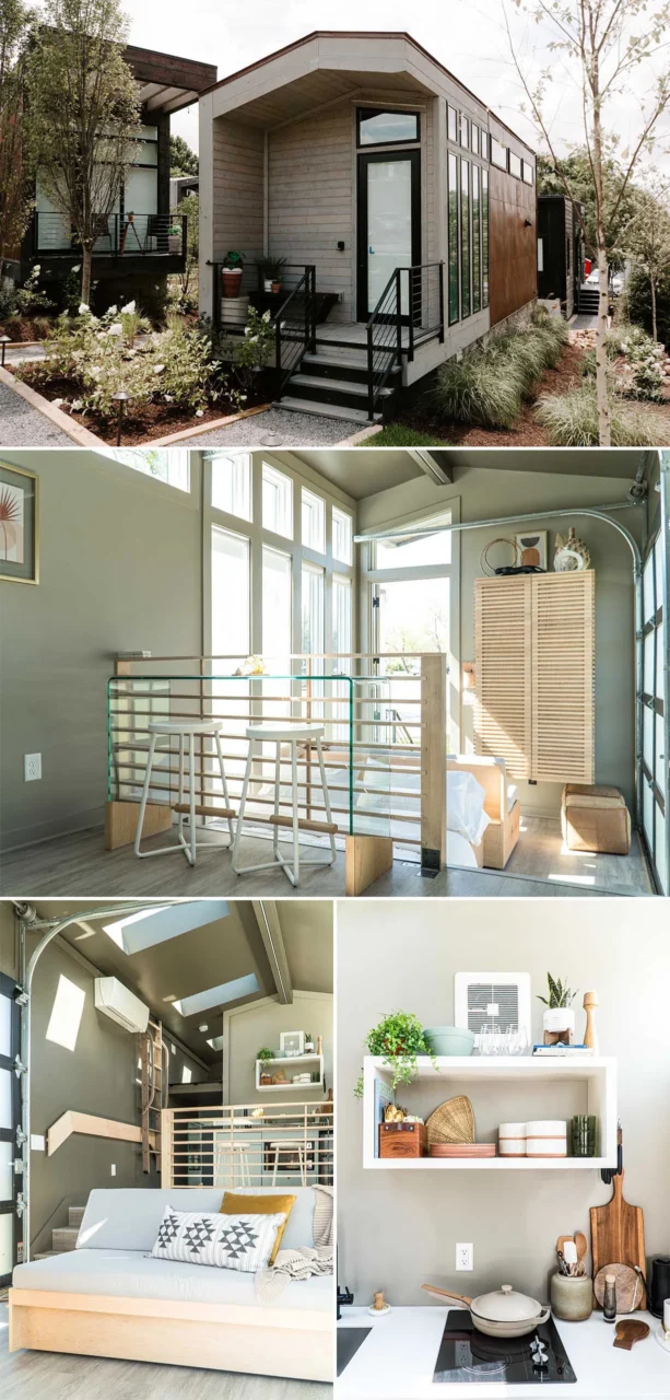 Suite L, a tiny house with a wood and steel exterior and an opening garage door