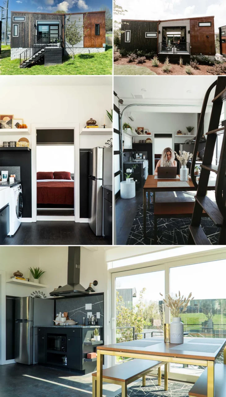 Suite M, the tiny home with the largest kitchen, opening to a patio lounge