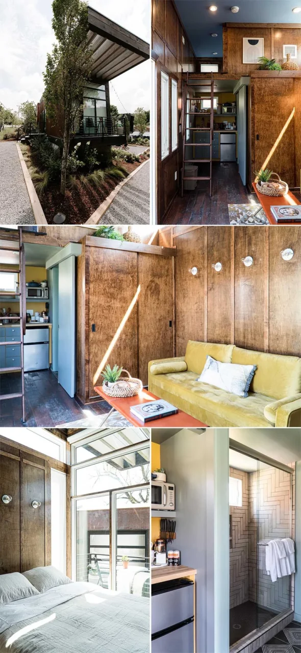 Suite O, a tiny house with floor-to-ceiling wood-paneled walls