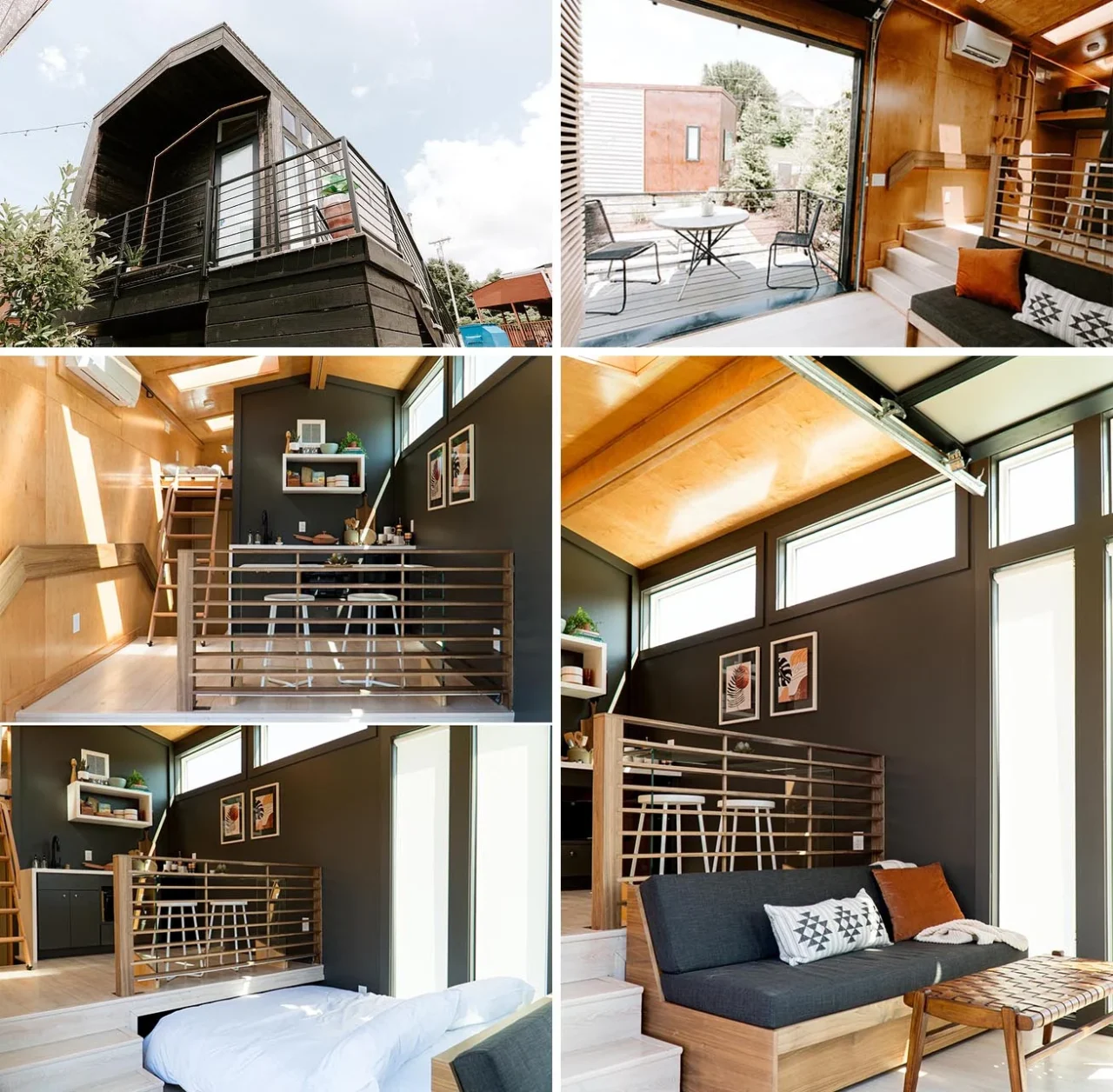 Suite P, a wood-lined tiny house with a garage door opening to a deck