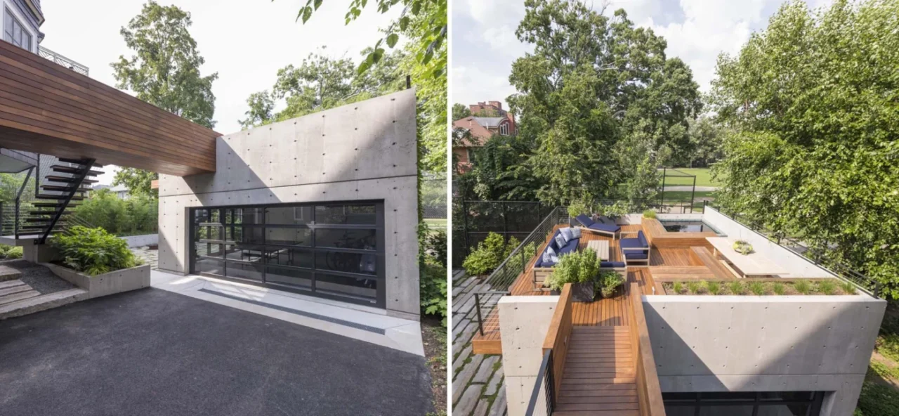 Rooftop deck above a garage in Brookline with built-in planters, a dining area with bench seating, a lounge area and a hot tub