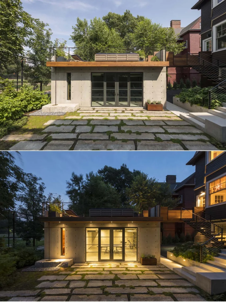 Concrete garage with a rooftop deck by Hisel Flynn Architects