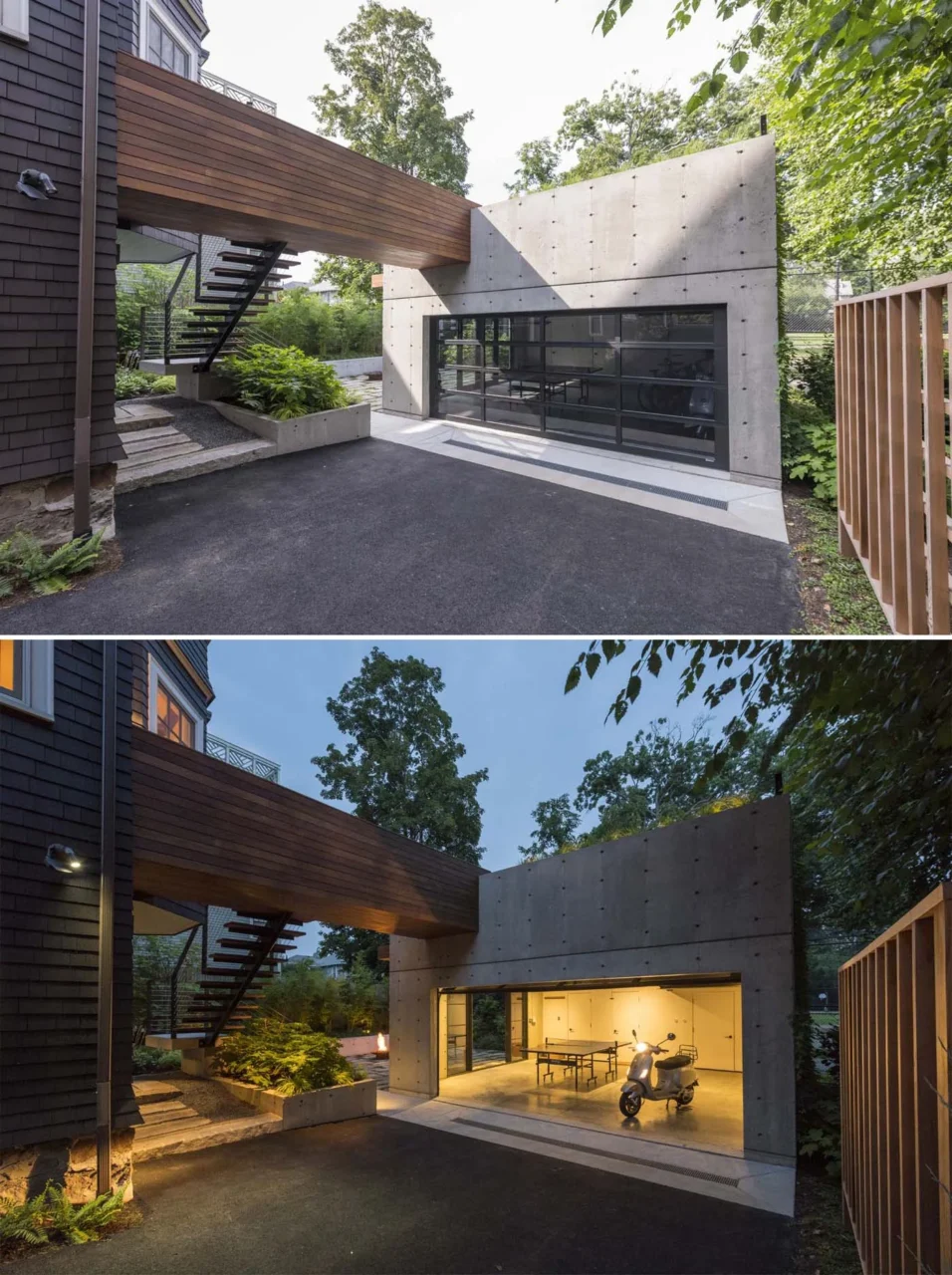 Garage rooftop deck connected to the main house by a small wood bridge