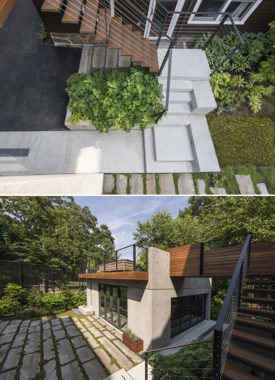 Concrete and steel stairs with Ipe wood treads leading up to the garage roof deck