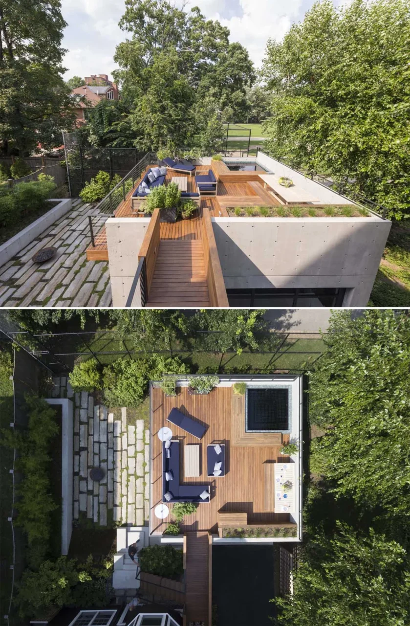 Ipe rooftop deck with custom built-in planters, a dining area with bench seating and a lounge area