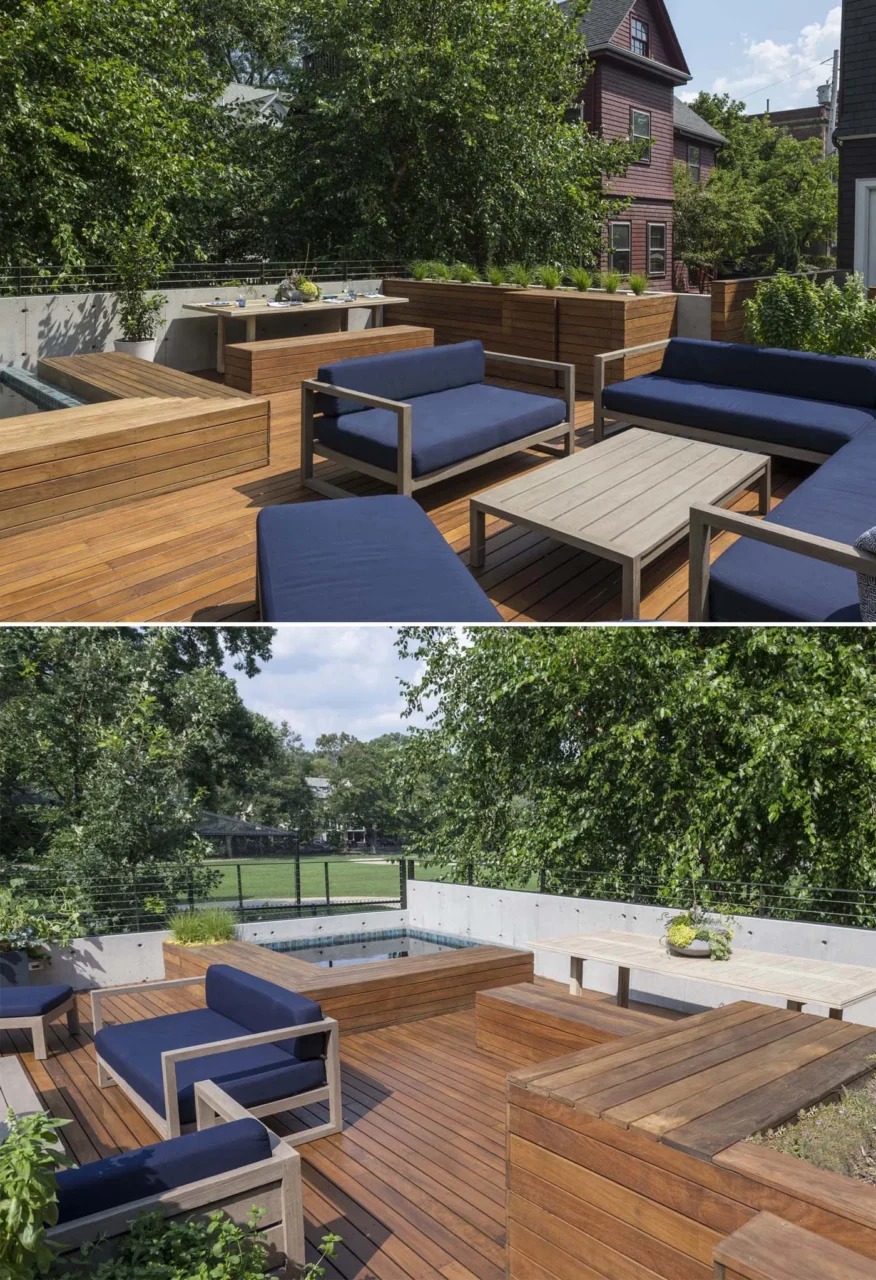 Rooftop deck with planters, dining bench, lounge area and custom hot tub