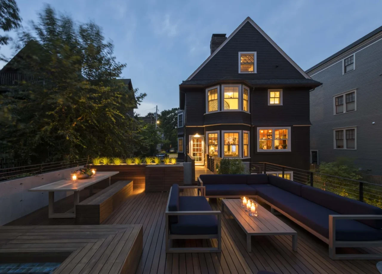 View of the garage rooftop deck and the bridge linking it to the house