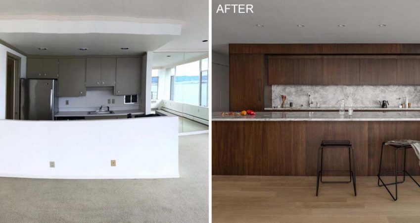 before-&-after-–-an-apartment-kitchen-remodeled-with-dark-stained-oak-cabinets-and-honed-marble-countertops