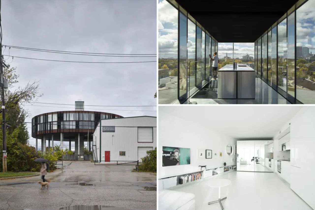 Raised circular apartment building in Winnipeg by 5468796 Architecture with a glazed penthouse on top