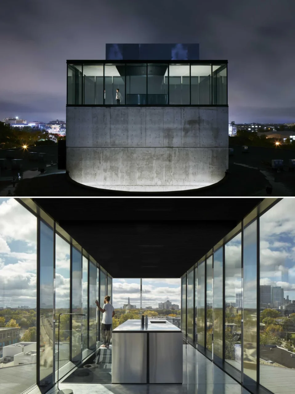 Glass-walled micro penthouse on top of the core with views over the city