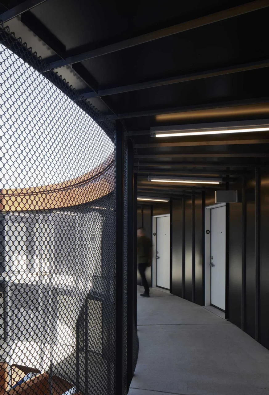 Open-air corridor running around the circular building