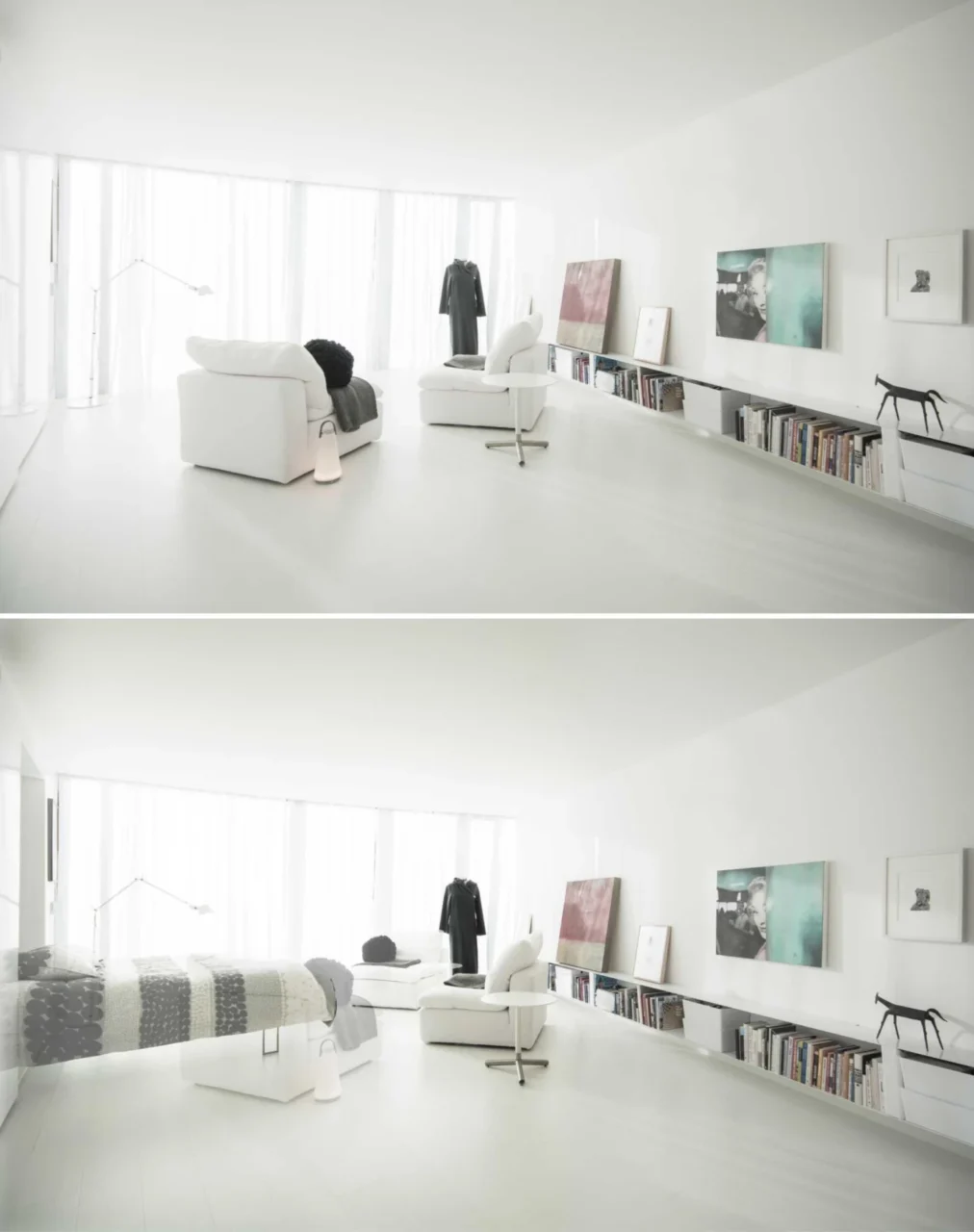 Wedge-shaped apartment ending in floor-to-ceiling glazing