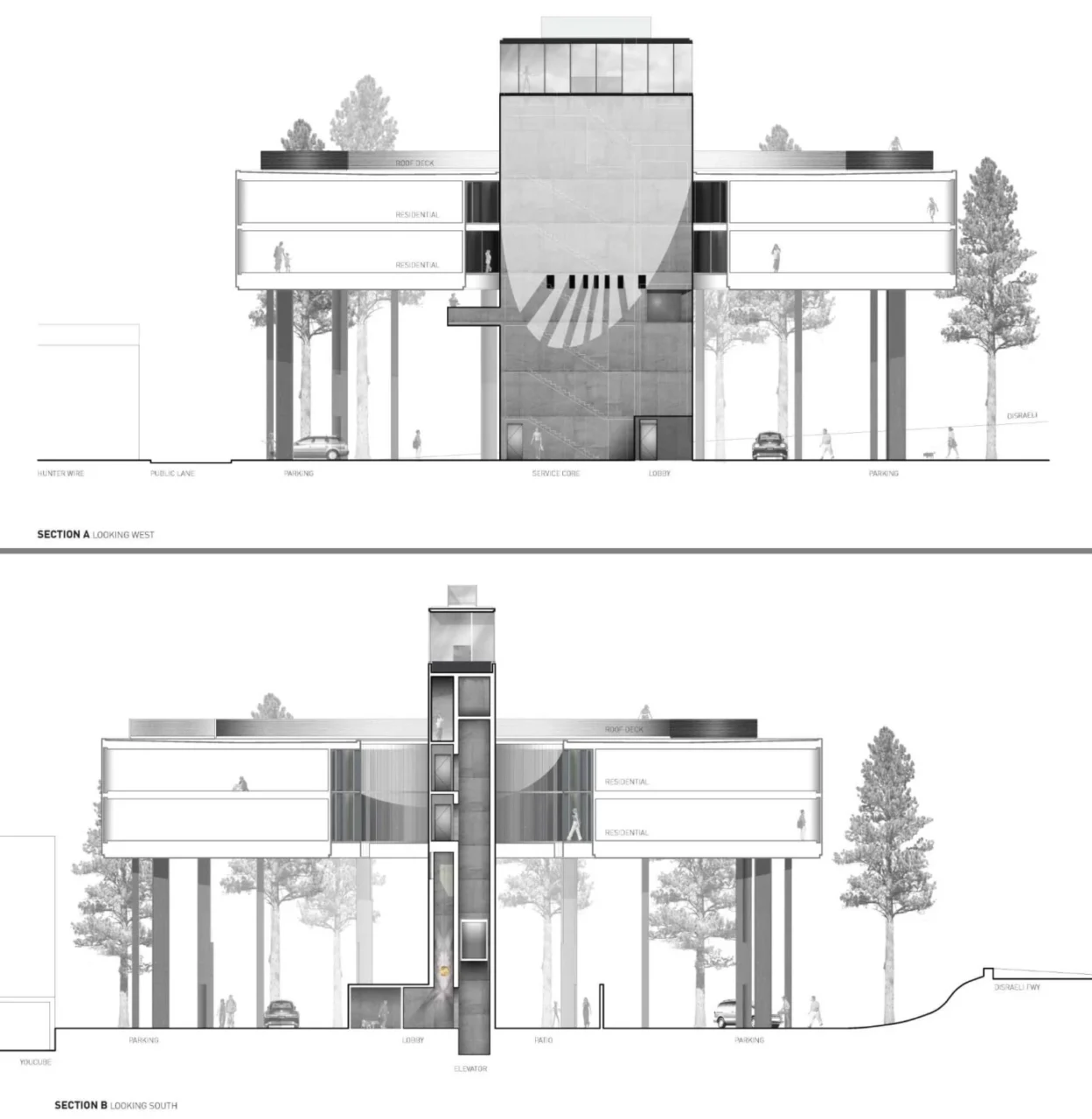 Architectural diagrams of the raised round apartment building