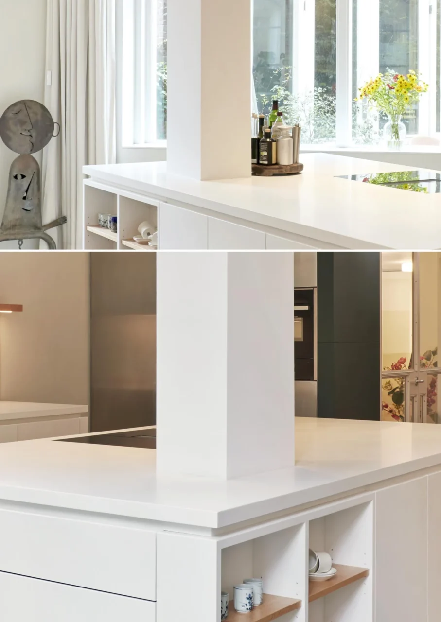 Seamless solid-surface countertop wrapping around the loft column