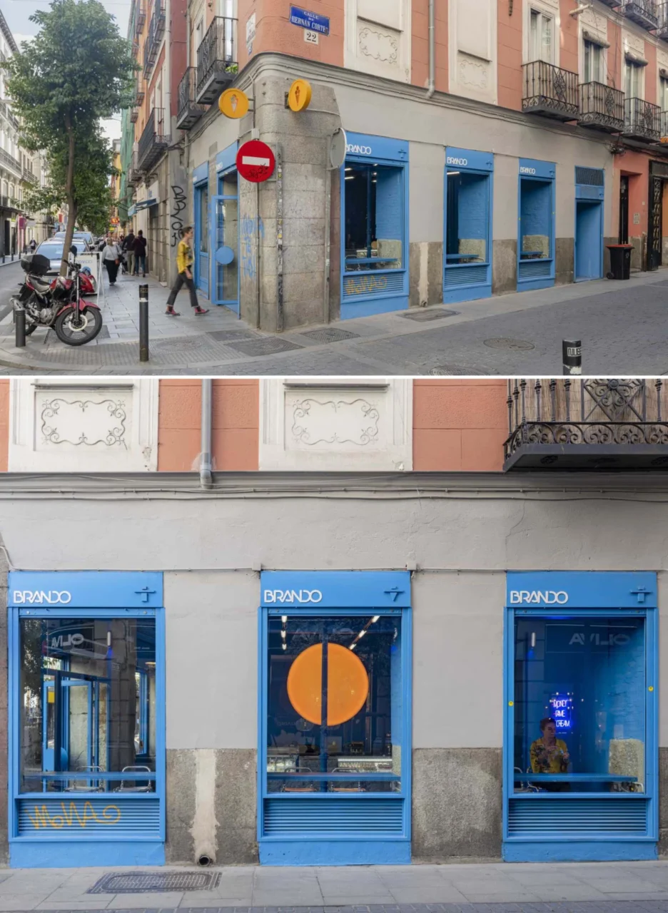 Blue window frames of the BRANDO ice cream shop matching the interior