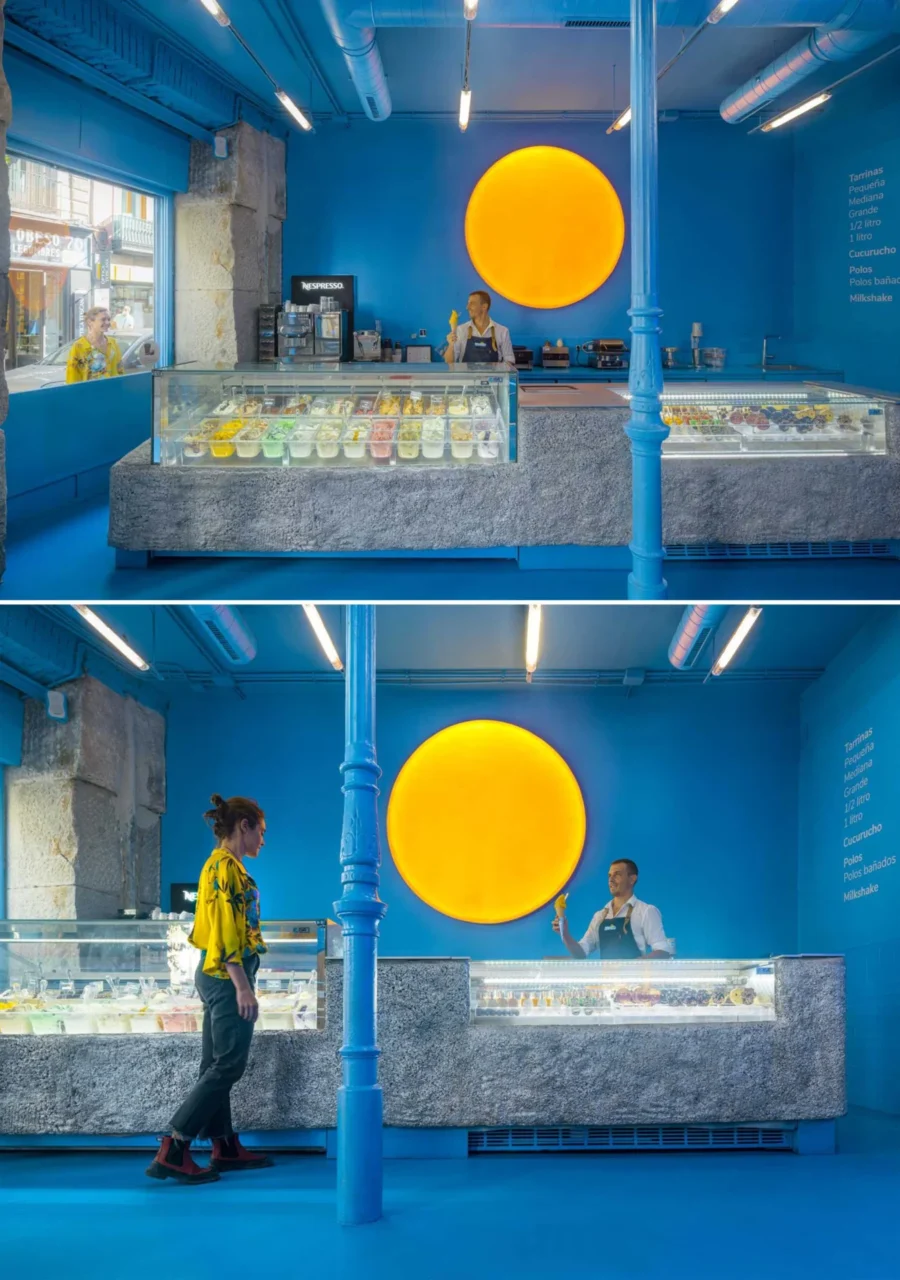 Counter and ice cream display case with a contrasting concrete base