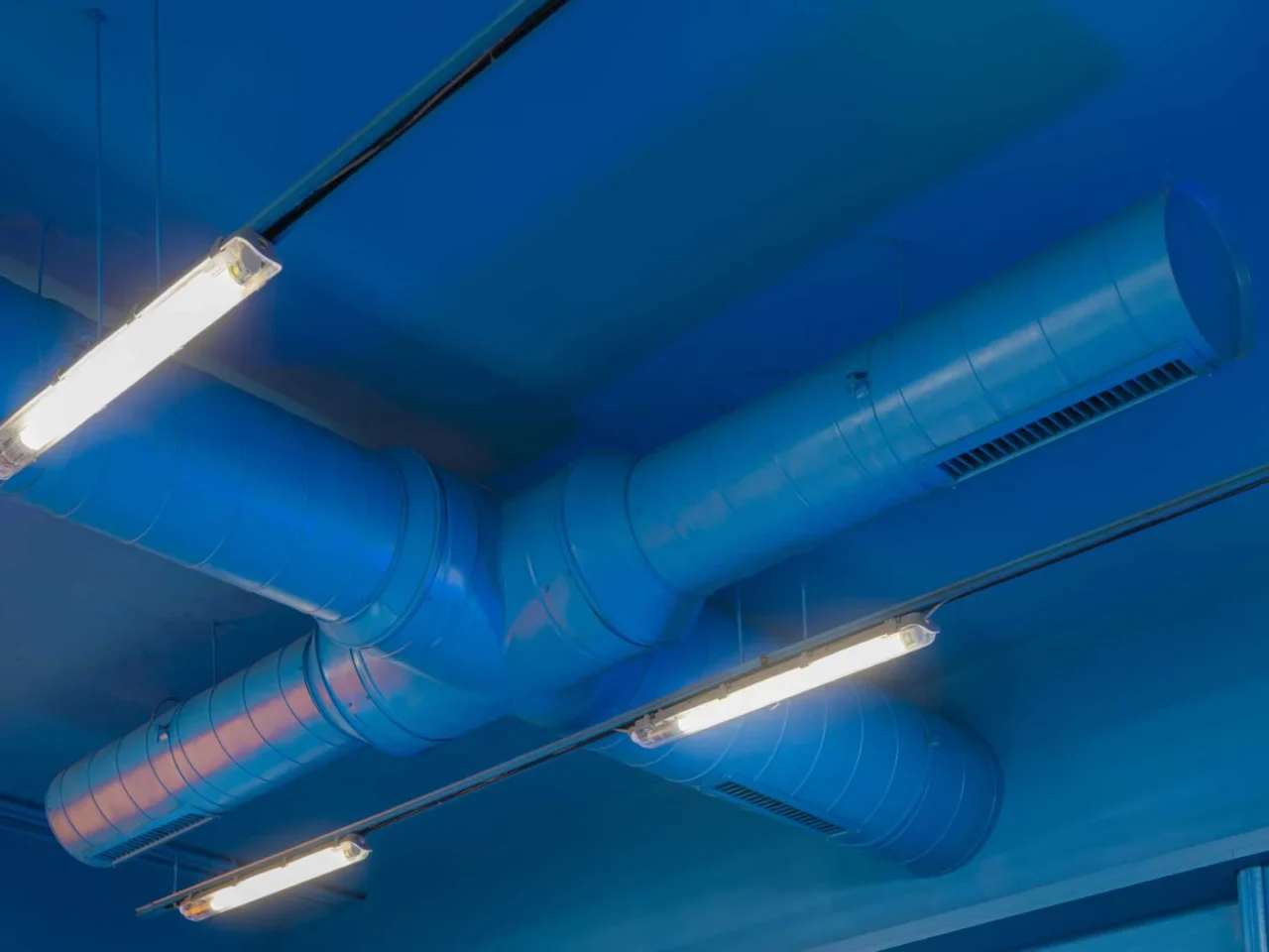 Blue-painted ceiling with ducting and light tracks blending into the background
