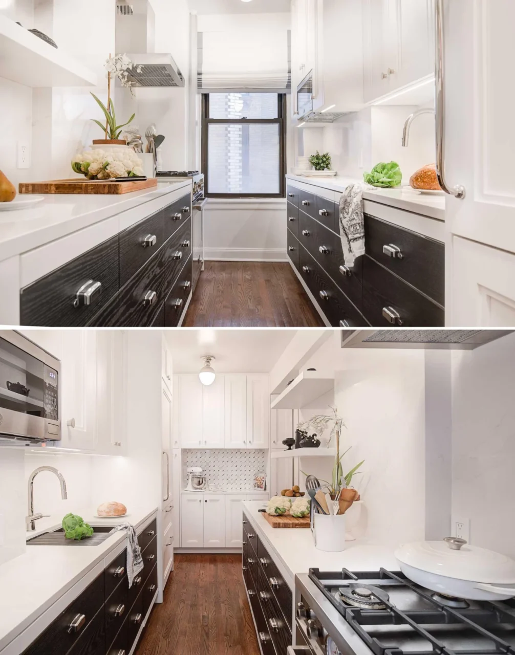 White upper cabinets with under-cabinet lighting in the narrow kitchen