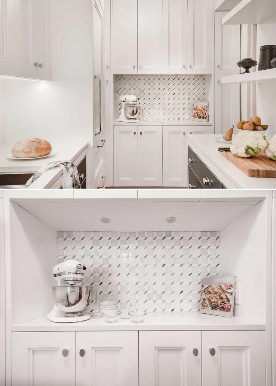 Wall of cabinetry with extra counter space at the end of the kitchen