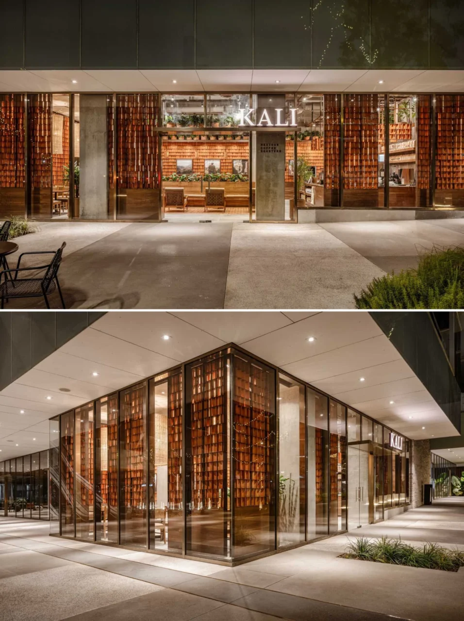 Glass storefront of Kali Coffee with clay tile walls inside