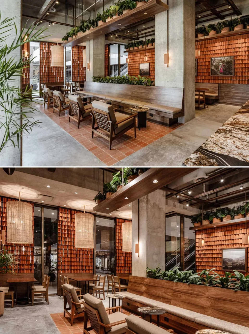 Clay tile lattice wall and wood counter in the coffee shop