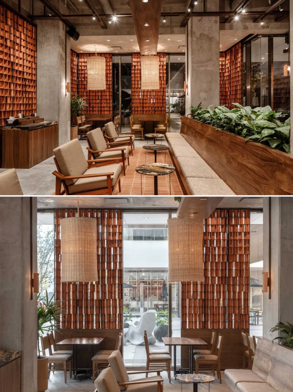 Clay tiles, wood and concrete in the Kali Coffee interior