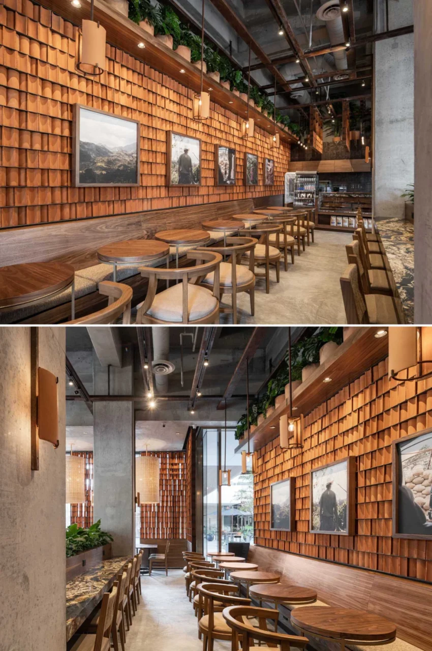 A seating area surrounded by clay tile walls and plants