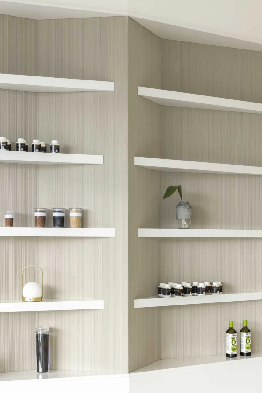 Display shelves with an angular design holding products in the clinic