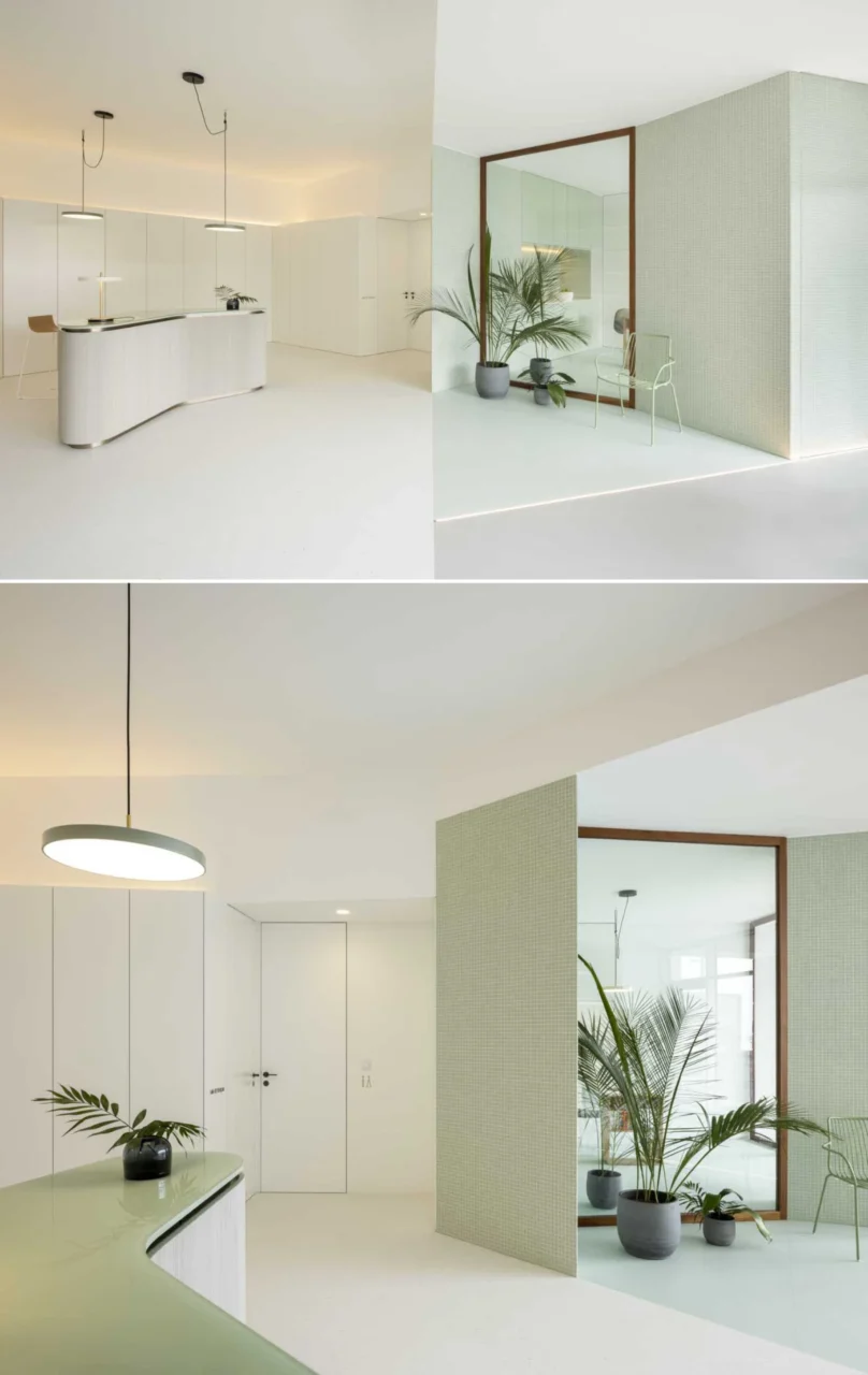 Line in the floor dividing the neutral reception from the pastel green waiting area
