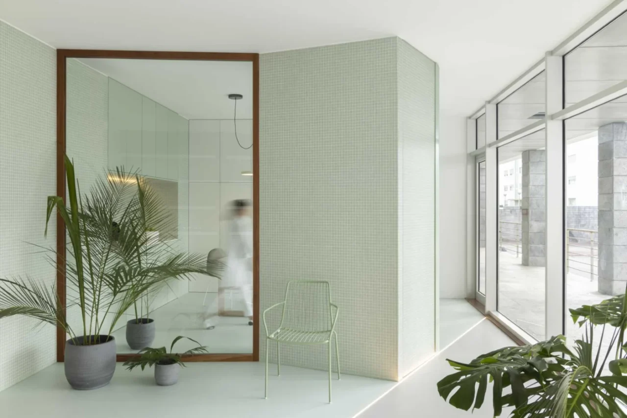 Wood-framed glass walls looking into the clinic office