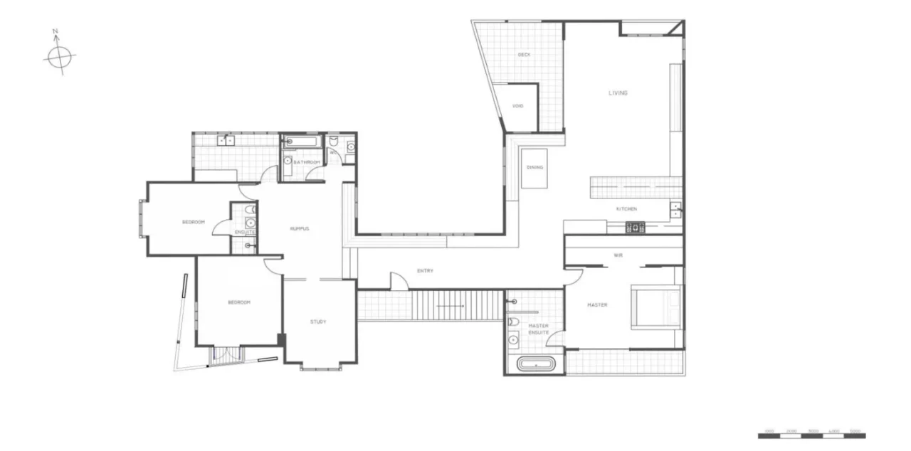 Floor plan separating the social areas, primary suite and kids zone